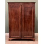 VICTORIAN MAHOGANY TWO DOOR WARDROBE with dentil moulding cornice on shaped bracket supports and a