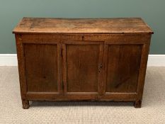 19th CENTURY OAK COFFER with three fielded front panels, one now a central opening door, 81cms H,