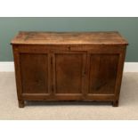 19th CENTURY OAK COFFER with three fielded front panels, one now a central opening door, 81cms H,