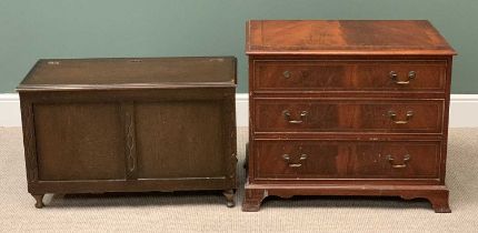 REPRODUCTION MAHOGANY THREE DRAWER CHEST on bracket feet, with brass swan neck handles, 65cms H,