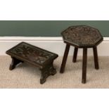 RUSTIC OAK CARVED TOP STOOLS x 2, rectangular example, 17cms H, 34cms W, 19cms D and an octagonal