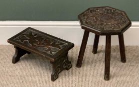 RUSTIC OAK CARVED TOP STOOLS x 2, rectangular example, 17cms H, 34cms W, 19cms D and an octagonal