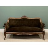 VICTORIAN MAHOGANY BUTTON BACK SETTEE with shaped and carved detail, scrolled arms and feet, 87cms