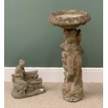 STONEWARE GARDEN ORNAMENTS - lady on a bench, 39cms H, 35cms W, 19cms D and a lady column bird bath,