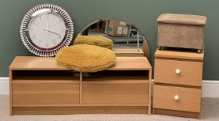 MODERN FURNITURE ASSORTMENT to include circular mirror, wall clock, two drawer chest,