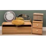 MODERN FURNITURE ASSORTMENT to include circular mirror, wall clock, two drawer chest,