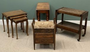 VINTAGE FURNITURE ASSORTMENT (4) to include upholstered seat piano stool, tea trolley, barley