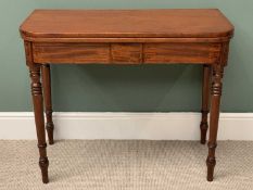 ANTIQUE MAHOGANY FOLDOVER TEA TABLE on turned supports with polished interior, 75cms H, 91cms W,