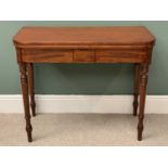 ANTIQUE MAHOGANY FOLDOVER TEA TABLE on turned supports with polished interior, 75cms H, 91cms W,