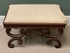 ANTIQUE MAHOGANY UPHOLSTERED TOP FOOTSTOOL on scrolled supports, 42cms H, 79cms W, 63cms D