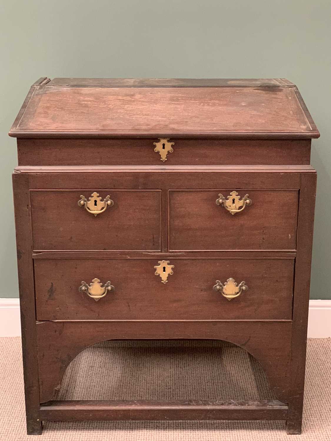 18th CENTURY MAHOGANY CAMPAIGN DICKENS TYPE DESK with slope top and two short and one long drawer,