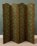 ANTIQUE FOUR PANEL FLORAL DECORATED FOLDING DRESSING SCREEN with shaped tops and carry handles,
