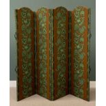 ANTIQUE FOUR PANEL FLORAL DECORATED FOLDING DRESSING SCREEN with shaped tops and carry handles,