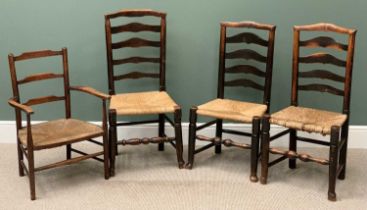 FARMHOUSE TYPE LADDERBACK CHAIRS (4) with rush seats, 98cms H, 48cms W, 36cms D the largest