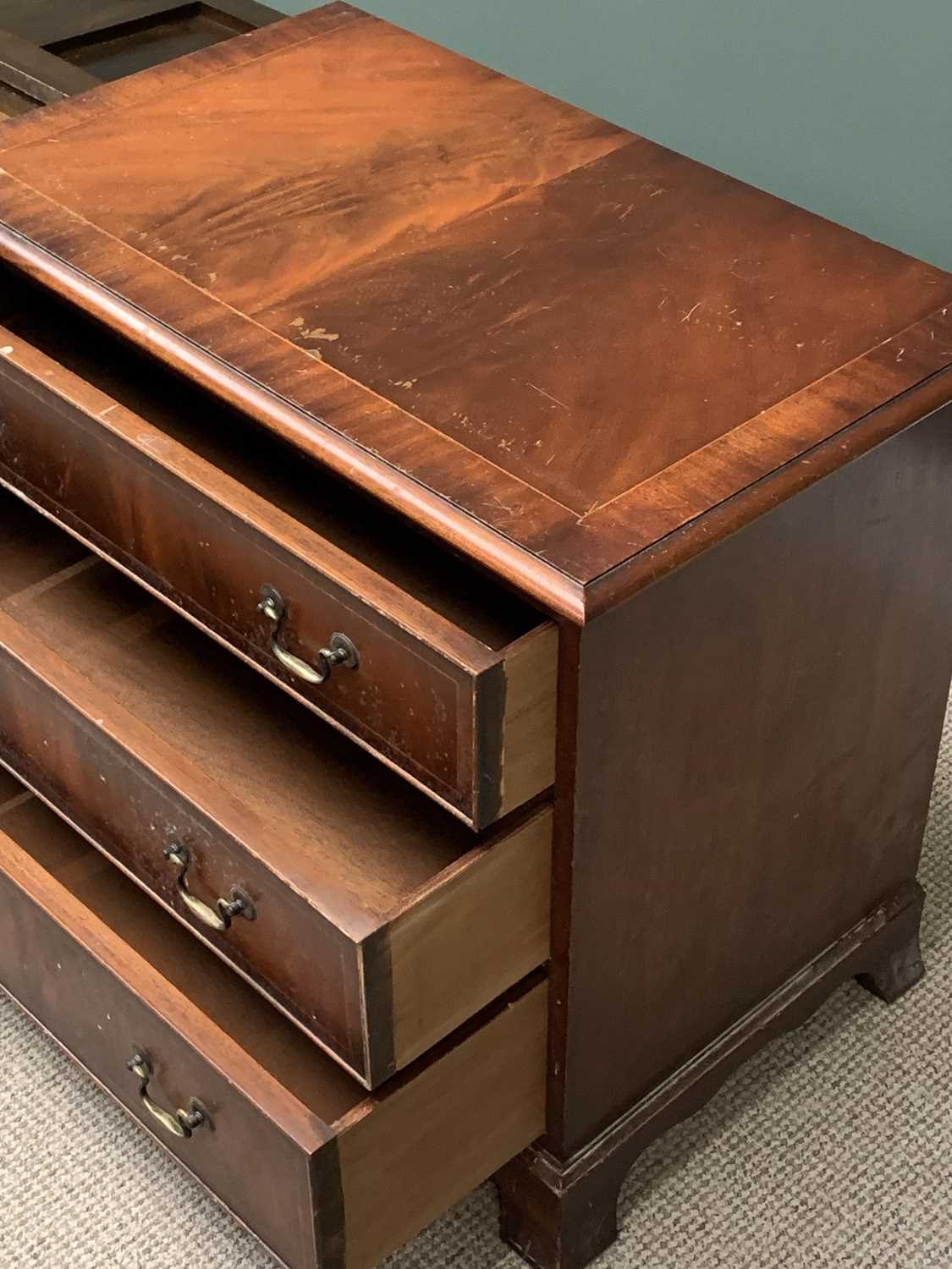 REPRODUCTION MAHOGANY THREE DRAWER CHEST on bracket feet, with brass swan neck handles, 65cms H, - Image 2 of 3