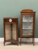 EDWARDIAN MAHOGANY NARROW CHINA CABINET with bow front and on tapered supports, 141cms H, 60cms W,