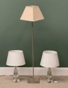 FANCY GLASS TABLE LAMPS, a pair, 42cms H and a brushed steel STANDARD LAMP, 124cms H, E/T