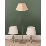 FANCY GLASS TABLE LAMPS, a pair, 42cms H and a brushed steel STANDARD LAMP, 124cms H, E/T