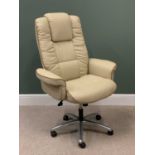 MODERN OFFICE CHAIR in cream leather effect, on a chrome swivel base, 131cms H, 85cms W, 51cms D