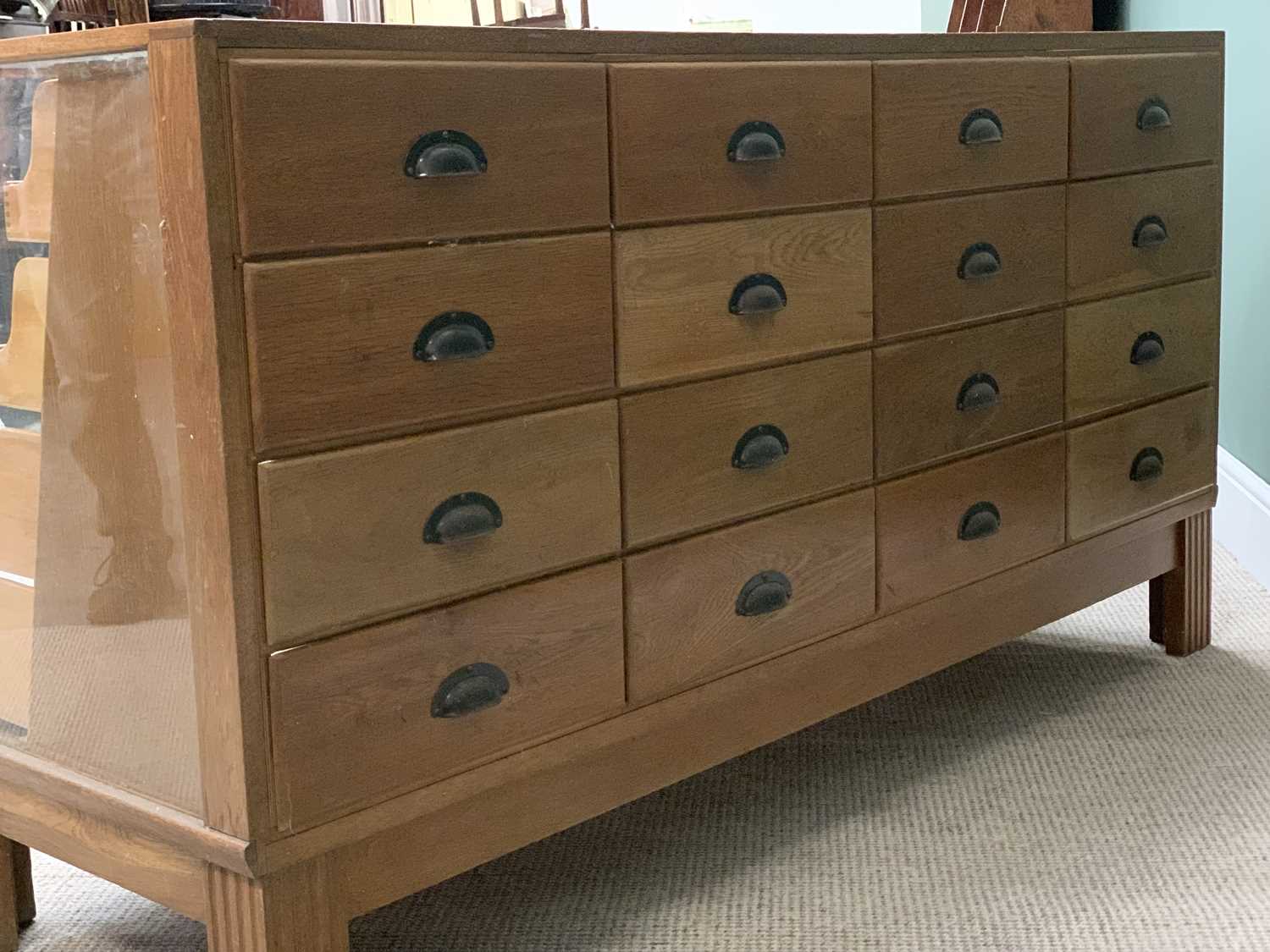 VINTAGE HABERDASHERY COUNTER, an excellent example with glazed front, top and end having a bank of - Image 3 of 3