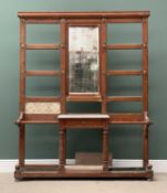 LARGE ANTIQUE PITCH PINE HALLSTAND with central mirror, marble top drawer and base drip trays,