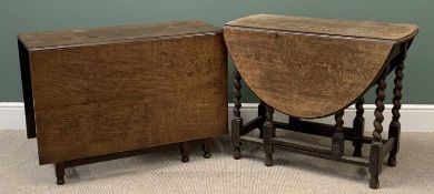 ANTIQUE OAK TABLES, a barley twist example with oval top, 73cms H, 91cms W, 46cms D (closed) and a