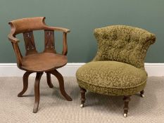 VINTAGE OAK SWIVEL OFFICE TYPE CHAIR, 70cms H, 59cms W, 62cms D and a BUTTON BACK UPHOLSTERED TUB
