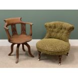 VINTAGE OAK SWIVEL OFFICE TYPE CHAIR, 70cms H, 59cms W, 62cms D and a BUTTON BACK UPHOLSTERED TUB