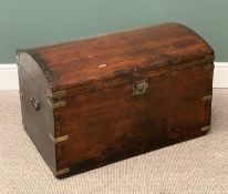 STAINED PINE DOMED TOP TRUNK with iron handles and brass banding, 52cms H, 86cms W, 51cms D