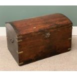 STAINED PINE DOMED TOP TRUNK with iron handles and brass banding, 52cms H, 86cms W, 51cms D