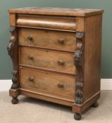 VICTORIAN MAHOGANY FOUR DRAWER CHEST with carved pillars flanking the drawers, on bun feet, 125cms