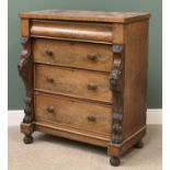 VICTORIAN MAHOGANY FOUR DRAWER CHEST with carved pillars flanking the drawers, on bun feet, 125cms