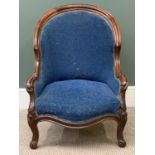 VICTORIAN WALNUT SALON ARMCHAIR with blue upholstery and carved detail, 82cms H, 60cms W, 46cms D