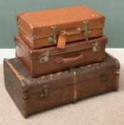 VINTAGE LUGGAGE - wooden banded trunk, 31cms H, 87cms W, 53cms D and two vintage suitcases