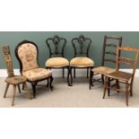 VINTAGE CHAIR ASSORTMENT (6) to include rush seated, spoonback, pokerwork spinners chair ETC