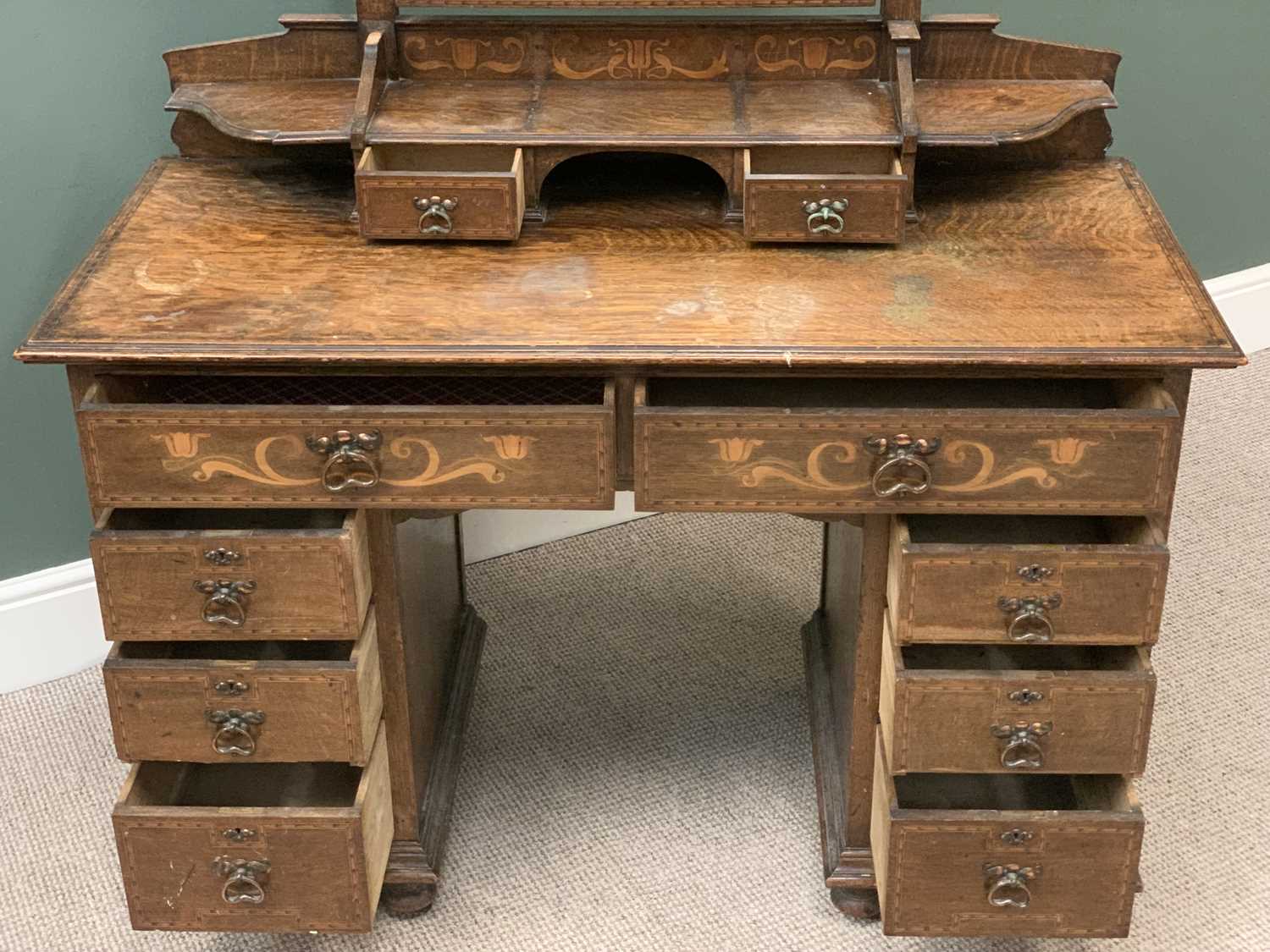 SEMI ARTS & CRAFTS OAK TWIN PEDESTAL DRESSING TABLE with inlay detail, stylised handles and twist - Image 2 of 3