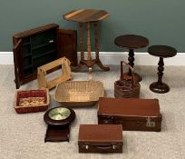 SMALL FURNITURE ASSORTMENT to include wall hanging cabinet, wine and side tables, vintage luggage,