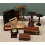 SMALL FURNITURE ASSORTMENT to include wall hanging cabinet, wine and side tables, vintage luggage,