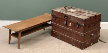 VINTAGE WOODEN BANDED TRUNK, 57cms H, 82cms W, 51cms D and a mid-Century type LONG JOHN COFFEE TABLE