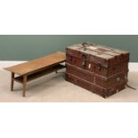 VINTAGE WOODEN BANDED TRUNK, 57cms H, 82cms W, 51cms D and a mid-Century type LONG JOHN COFFEE TABLE