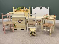 PAINTED NURSERY FURNITURE to include colourful toy chest, 43cms H, 83cms W, 44cms D and set of