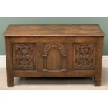 CIRCA 1900s CARVED OAK COFFER, 64cms H, 109cms W, 46cms D