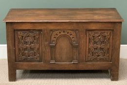 CIRCA 1900s CARVED OAK COFFER, 64cms H, 109cms W, 46cms D