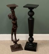 ANTIQUE TORCHERE STANDS, one carved in the form of a child, 101cms H, 21 x 21cms top, the other a