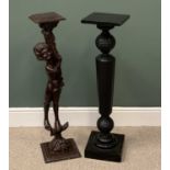 ANTIQUE TORCHERE STANDS, one carved in the form of a child, 101cms H, 21 x 21cms top, the other a