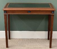 VICTORIAN MAHOGANY WRITING TABLE with inlay and applied blue stone detail and a tooled vinyl top, on