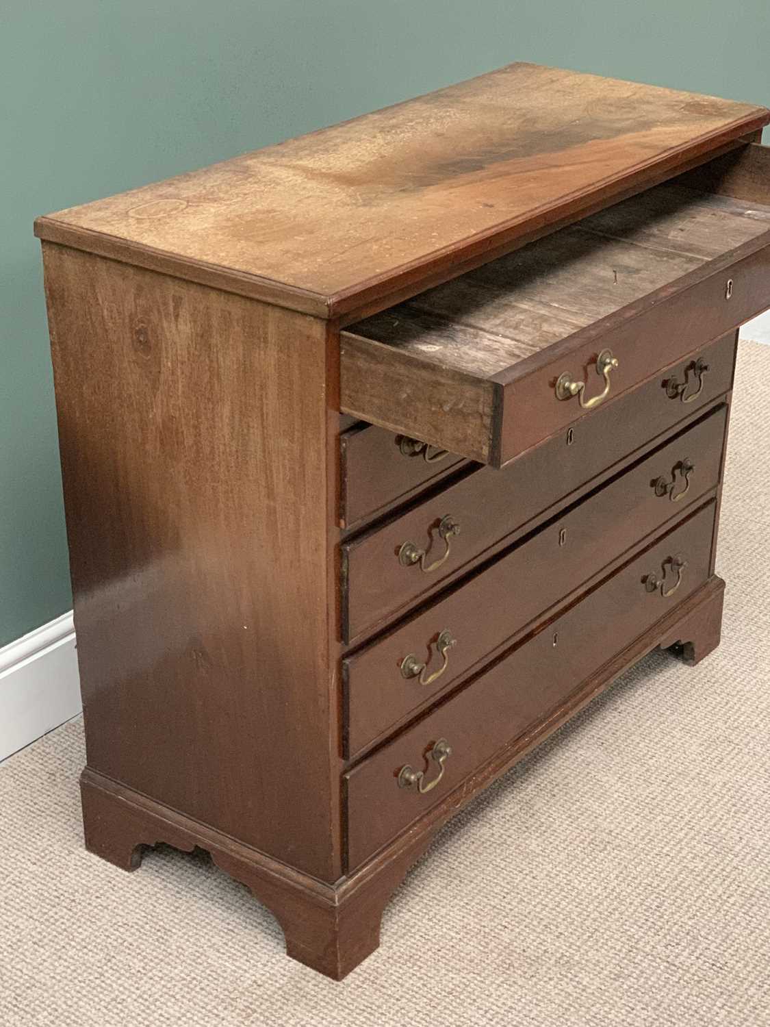 ANTIQUE MAHOGANY CHEST OF FIVE LONG DRAWERS with brass swan neck handles, on bracket supports, 90cms - Image 3 of 3