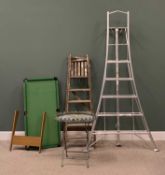 TOOLS & MISCELLANEOUS to include a wide base modern metal stepladder, vintage wooden stepladder,
