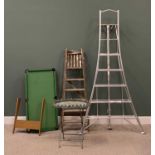 TOOLS & MISCELLANEOUS to include a wide base modern metal stepladder, vintage wooden stepladder,