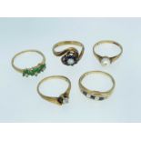 FIVE 9CT GOLD RINGS set with various gems including diamonds, sapphires, opal, diamond simulant ETC,